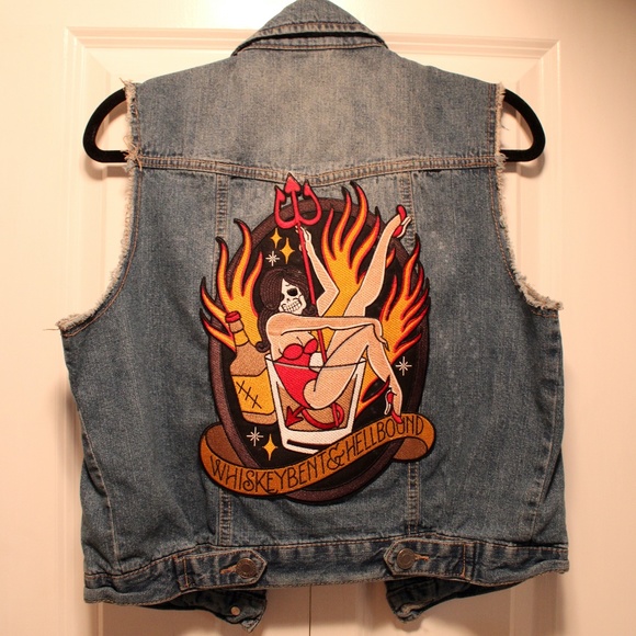 Denim Vest w/ Whiskey Bent & Hellbound Skull Pinup Patch - Picture 1 of 6